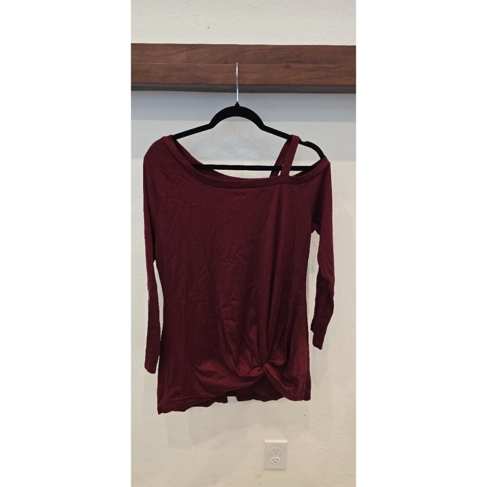 Miselon Womens Burgundy Asymmetrical Off-Shoulder Top With Knot Detail